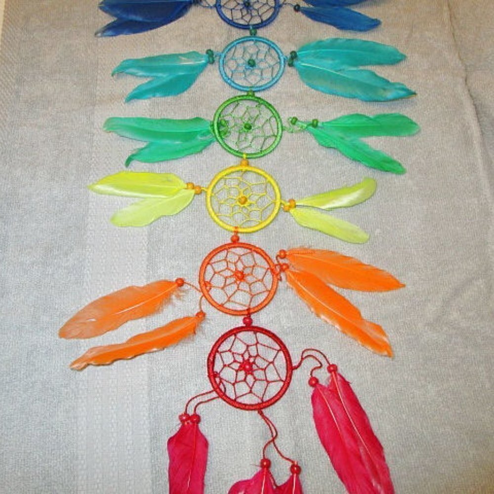 Native American Rainbow Chakras Dream Catcher Sacred Hoop Beads Feathers 25" - Picture 6 of 7